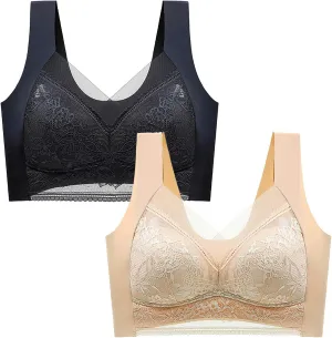 2 Pack Women Seamless Sexy Push Up Wireless Bra Plus Size Lace Bras for Senior, Elegant Mesh Everyday Sleep Bralette