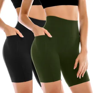 2 Pack Womens Biker Shorts with Pockets, High Waisted Tummy Control Yoga Shorts for Women Running Gym and Workout