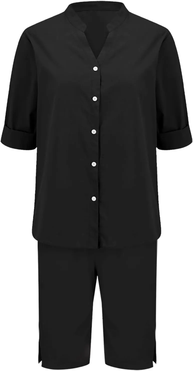 2 Piece Sets for Women Summer Linen Outfits V Neck Short Sleeve Shirts and High Waist Shorts Lounge Sets Loungewear