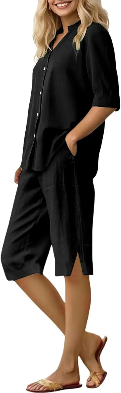 2 Piece Sets for Women Summer Linen Outfits V Neck Short Sleeve Shirts and High Waist Shorts Lounge Sets Loungewear