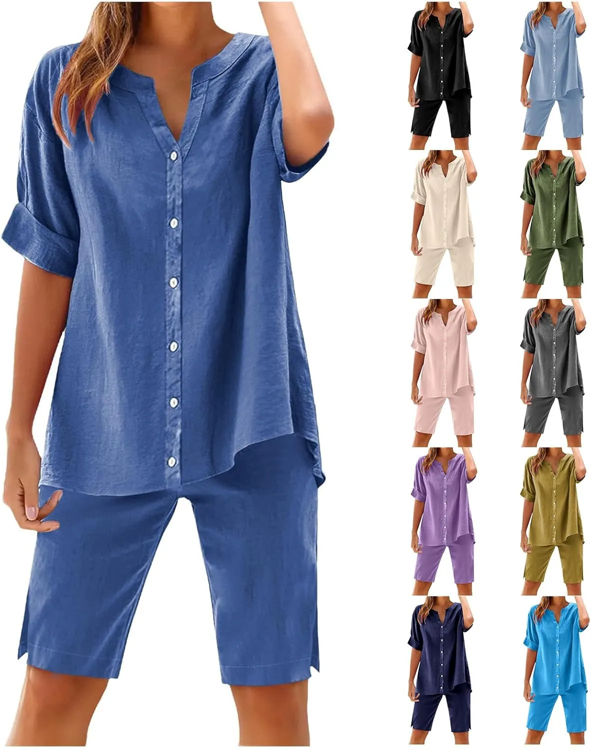 2 Piece Sets for Women Summer Linen Outfits V Neck Short Sleeve Shirts and High Waist Shorts Lounge Sets Loungewear