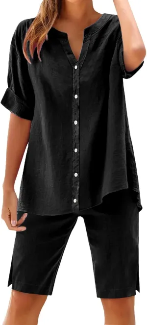 2 Piece Sets for Women Summer Linen Outfits V Neck Short Sleeve Shirts and High Waist Shorts Lounge Sets Loungewear