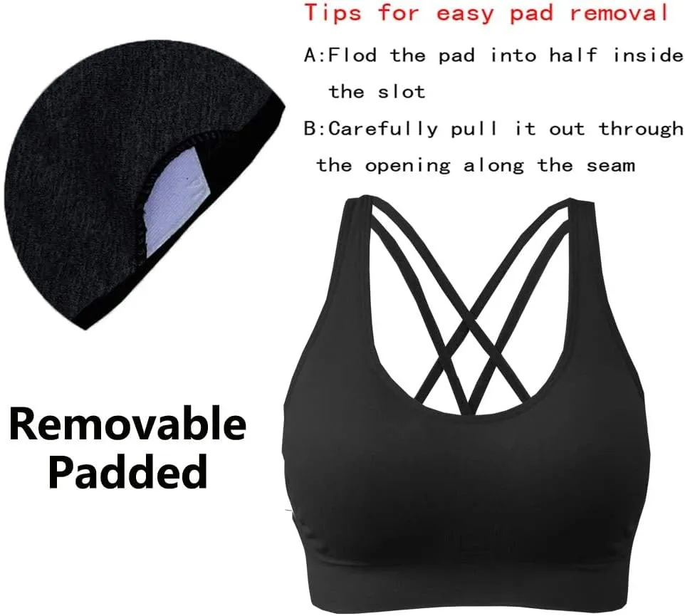 AKAMC Women's Removable Padded Sports Bras Medium Support Workout Yoga Bra 3 Pack