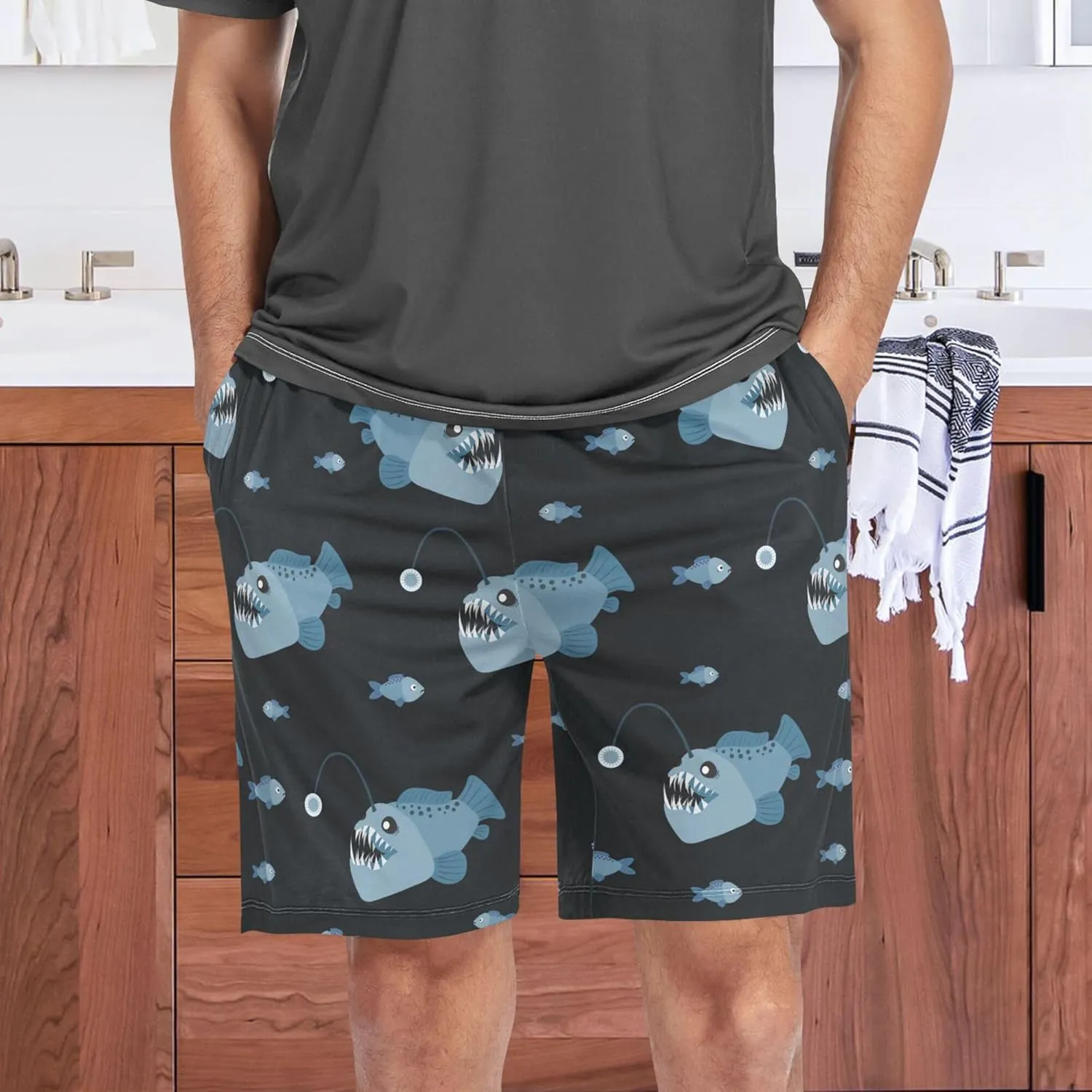 Angler Fish Pattern On Dark Men's Pajama Pants Shorts Sleepwear Lounge Pajama Bottoms S-2XL