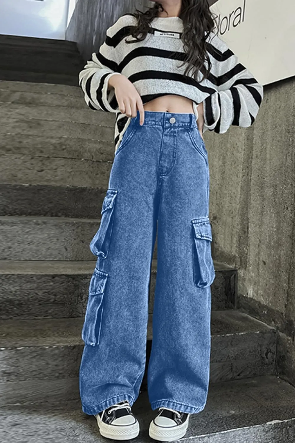 AOWKULAE Girls Jeans Elastic Waist Wide Leg Pants Kids Jeans 4-14 Years