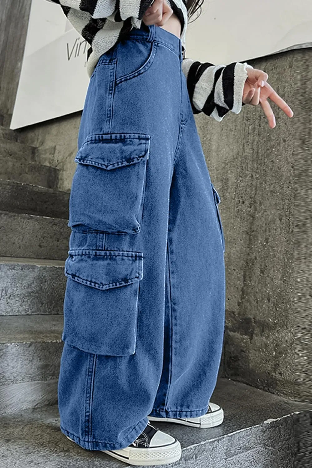 AOWKULAE Girls Jeans Elastic Waist Wide Leg Pants Kids Jeans 4-14 Years