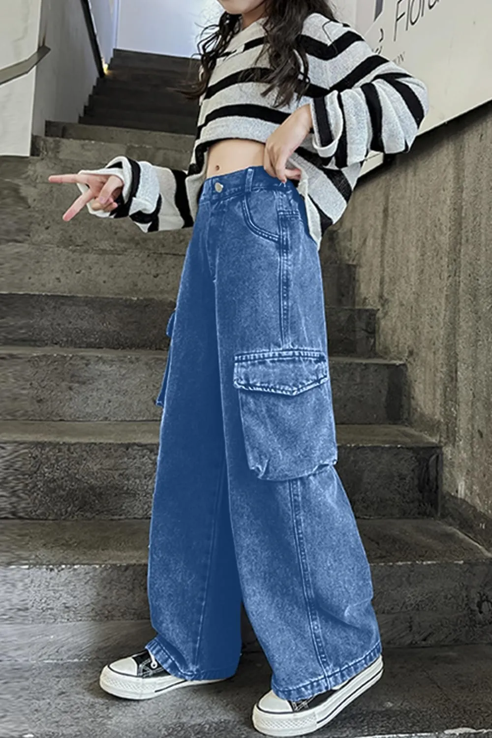 AOWKULAE Girls Jeans Elastic Waist Wide Leg Pants Kids Jeans 4-14 Years