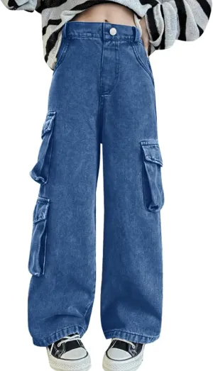 AOWKULAE Girls Jeans Elastic Waist Wide Leg Pants Kids Jeans 4-14 Years
