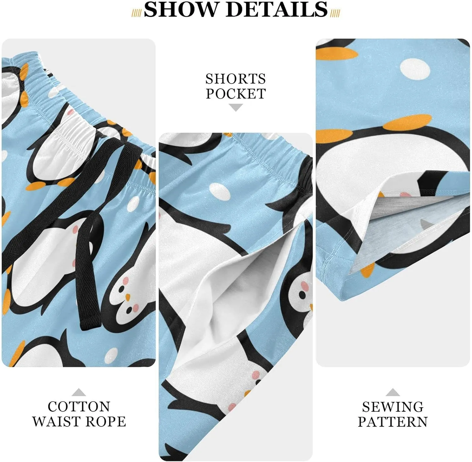 Aslsiy Cute Penguin Cartoon Men's Pajama Shorts Snow Comfortable Lounge Shorts for Men Sleep Shorts for Men Boys S