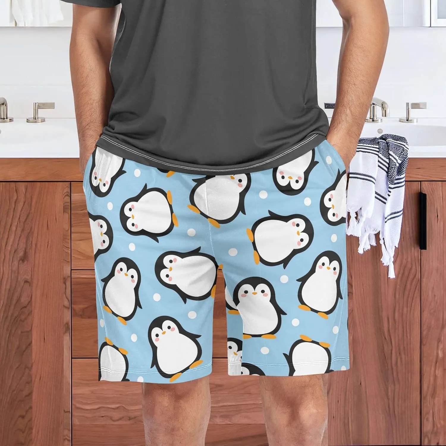 Aslsiy Cute Penguin Cartoon Men's Pajama Shorts Snow Comfortable Lounge Shorts for Men Sleep Shorts for Men Boys S