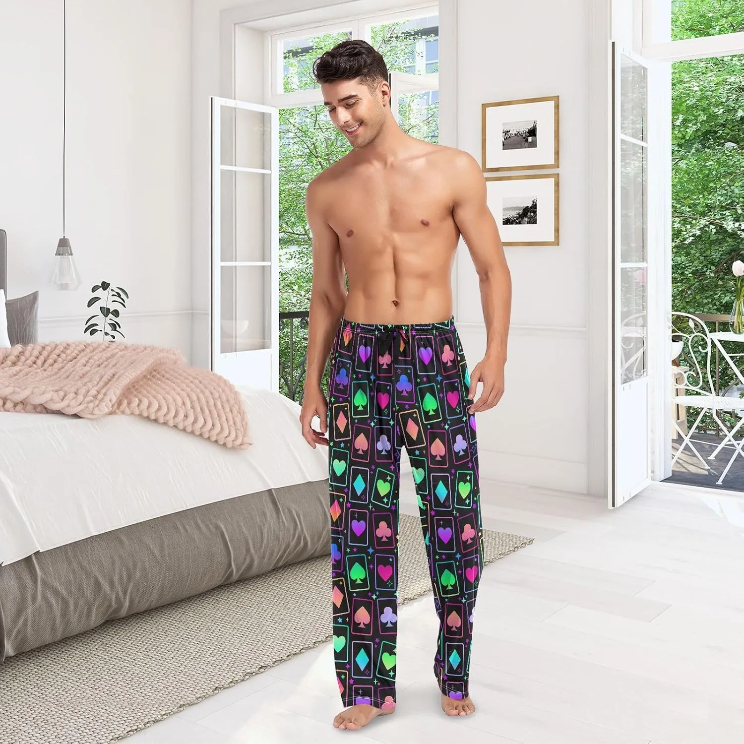 Aslsiy Mens Pajama Pants Bright Multicolored Cards Suits Autumn Pajama Bottoms Black Winter Lounge Sleep Pants S