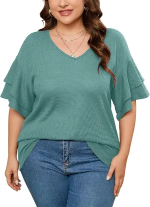 AusLook Plus Size Tunic for Women Double Ruffle Short Sleeve Clothes Loose Fit Clothing Flowy Shirts Summer Tops