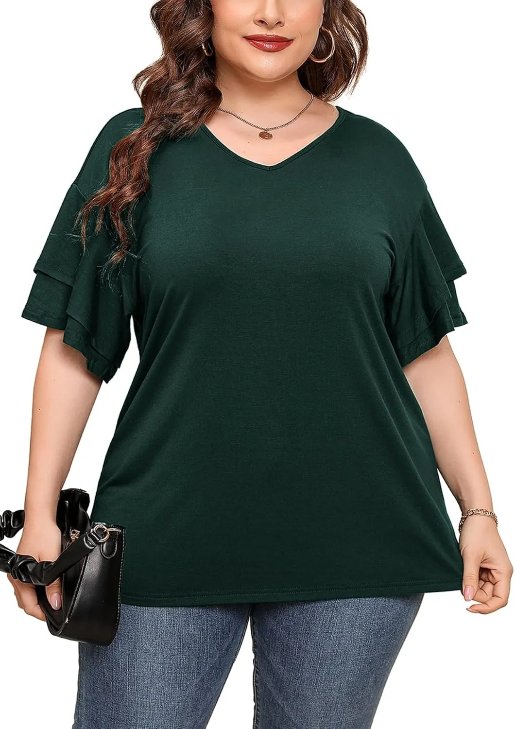 AusLook Plus Size Tunic for Women Double Ruffle Short Sleeve Clothes Loose Fit Clothing Flowy Shirts Summer Tops