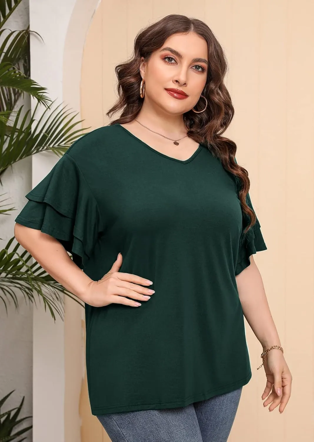 AusLook Plus Size Tunic for Women Double Ruffle Short Sleeve Clothes Loose Fit Clothing Flowy Shirts Summer Tops