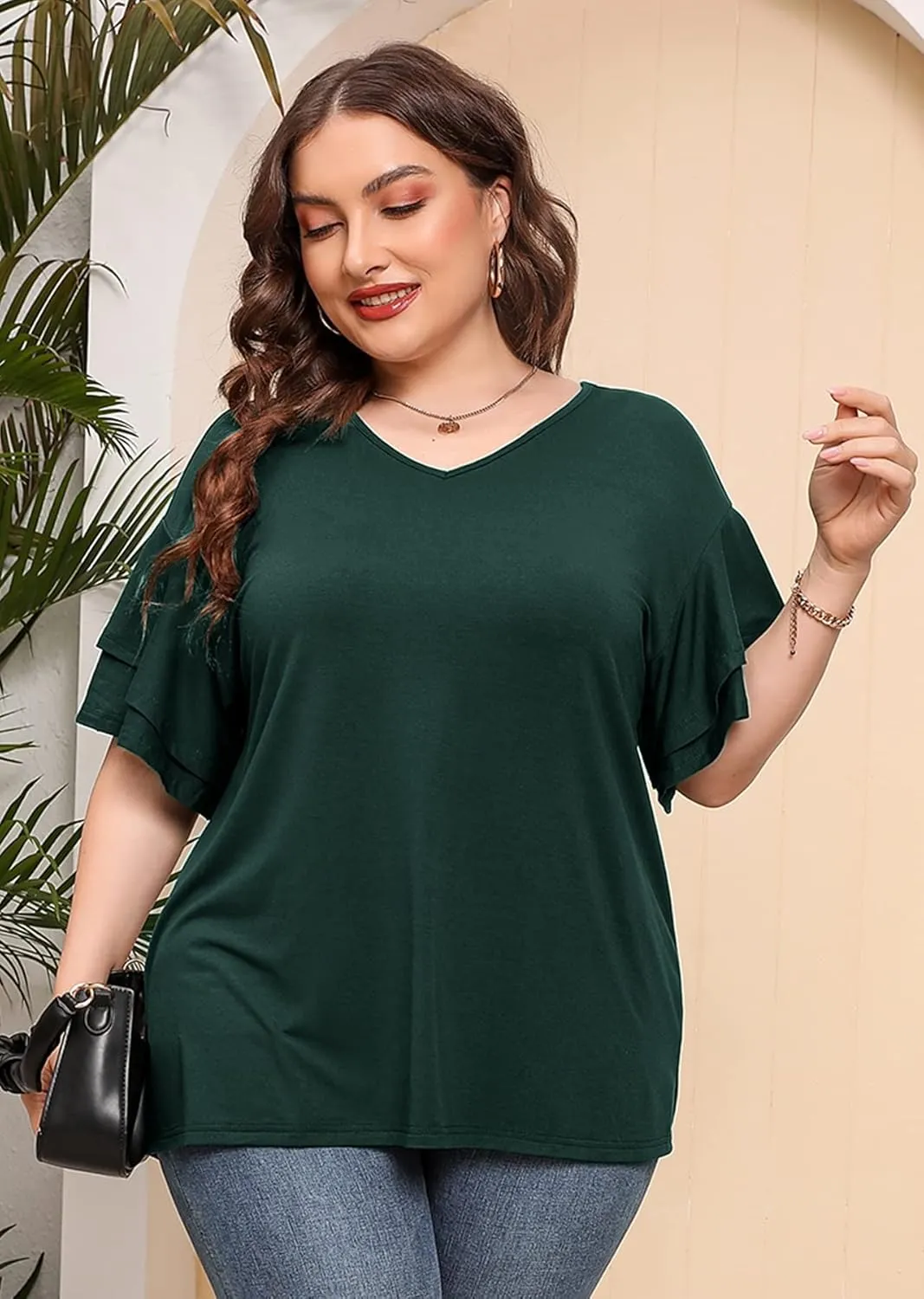 AusLook Plus Size Tunic for Women Double Ruffle Short Sleeve Clothes Loose Fit Clothing Flowy Shirts Summer Tops
