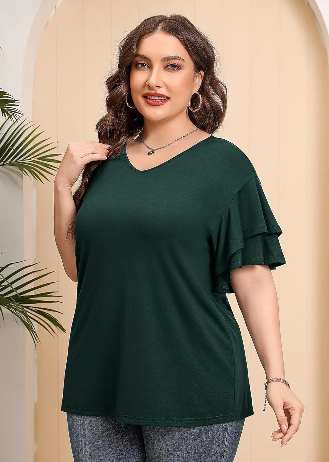 AusLook Plus Size Tunic for Women Double Ruffle Short Sleeve Clothes Loose Fit Clothing Flowy Shirts Summer Tops