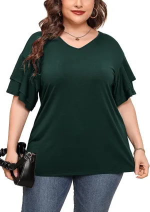 AusLook Plus Size Tunic for Women Double Ruffle Short Sleeve Clothes Loose Fit Clothing Flowy Shirts Summer Tops