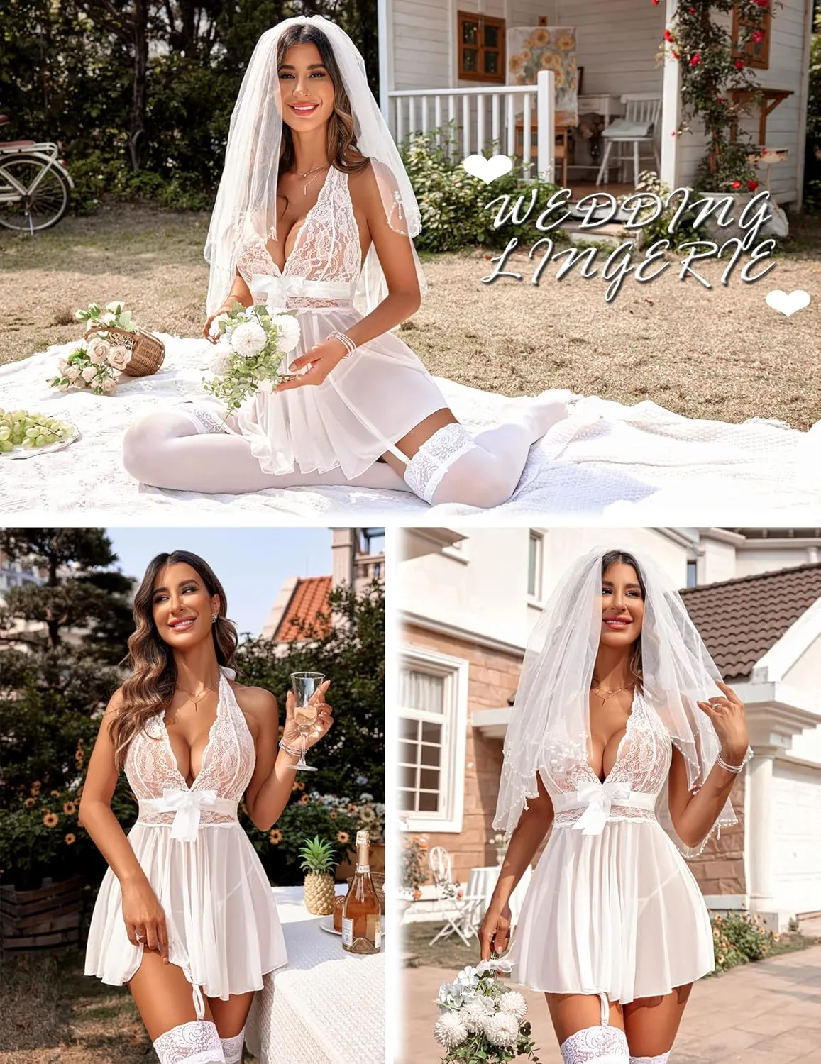 Avidlove Lingerie for Women Lace Babydoll Chemise Halter V Sexy Sleepwear with Garter Belt