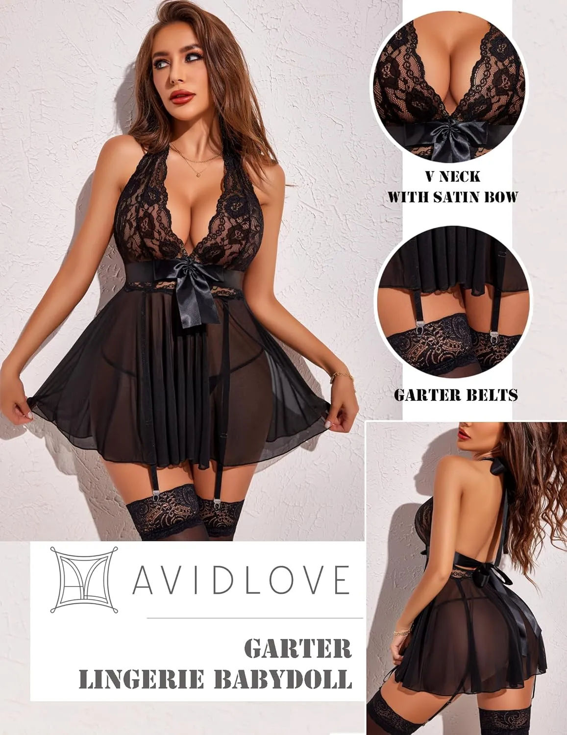 Avidlove Lingerie for Women Lace Babydoll Chemise Halter V Sexy Sleepwear with Garter Belt