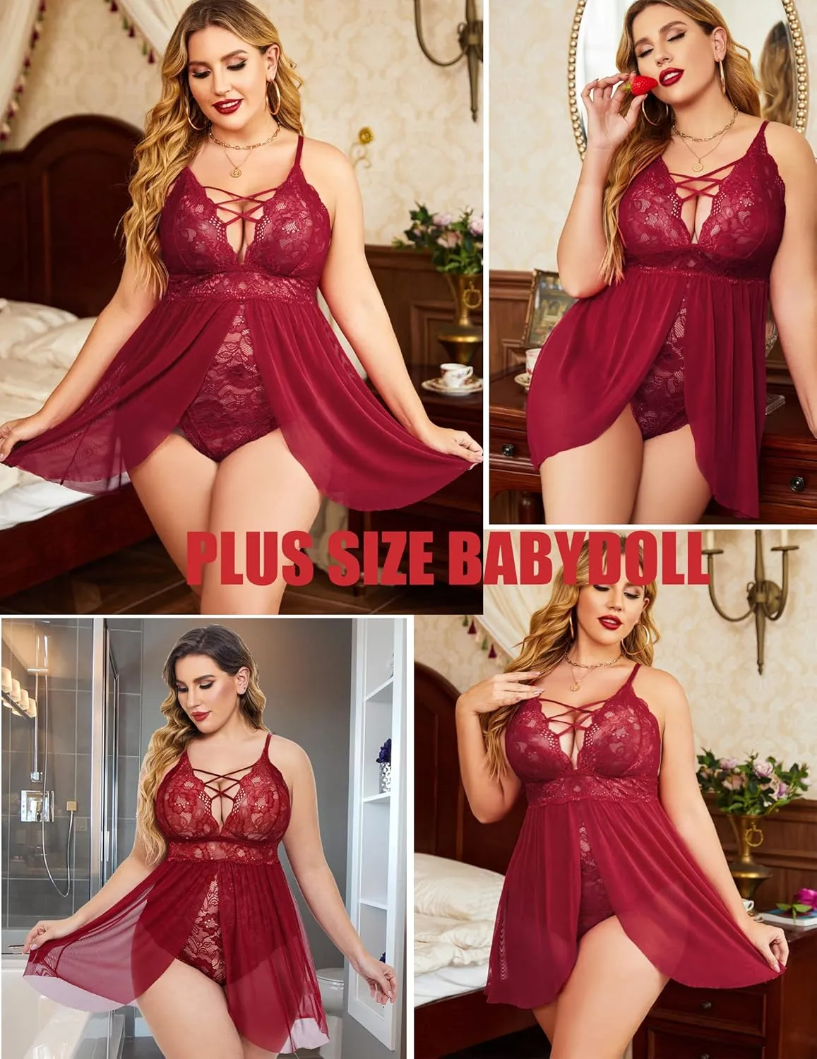 Avidlove Plus Size Babydoll Womens Snap Crotch Lingerie V Neck Lace Nighty Sleepwear L-5XL