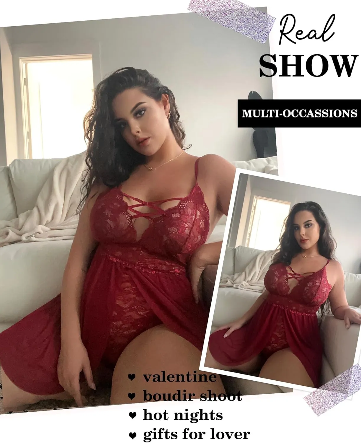 Avidlove Plus Size Babydoll Womens Snap Crotch Lingerie V Neck Lace Nighty Sleepwear L-5XL