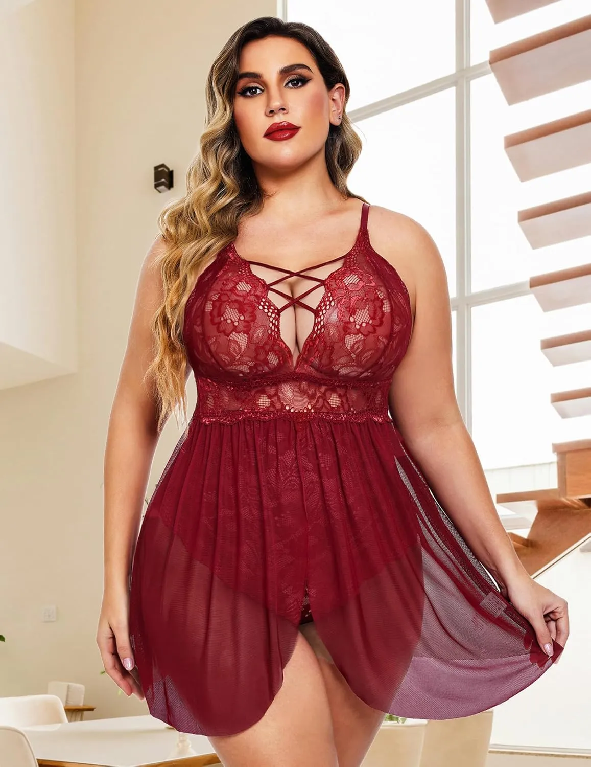 Avidlove Plus Size Babydoll Womens Snap Crotch Lingerie V Neck Lace Nighty Sleepwear L-5XL