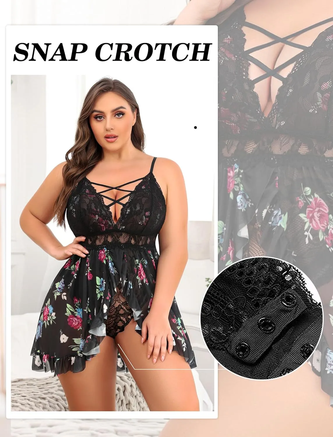 Avidlove Plus Size Lingerie for Women Sexy Snap Crotch Babydoll Lace Chemise Curvy Strappy Ruffle L~4XL
