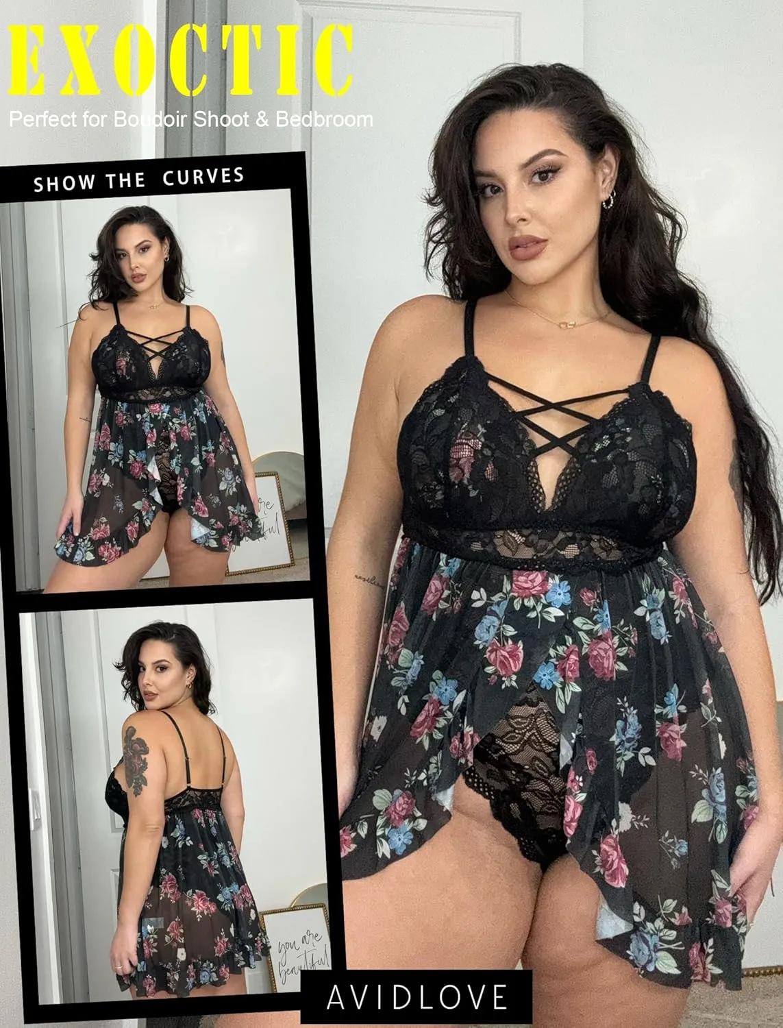 Avidlove Plus Size Lingerie for Women Sexy Snap Crotch Babydoll Lace Chemise Curvy Strappy Ruffle L~4XL