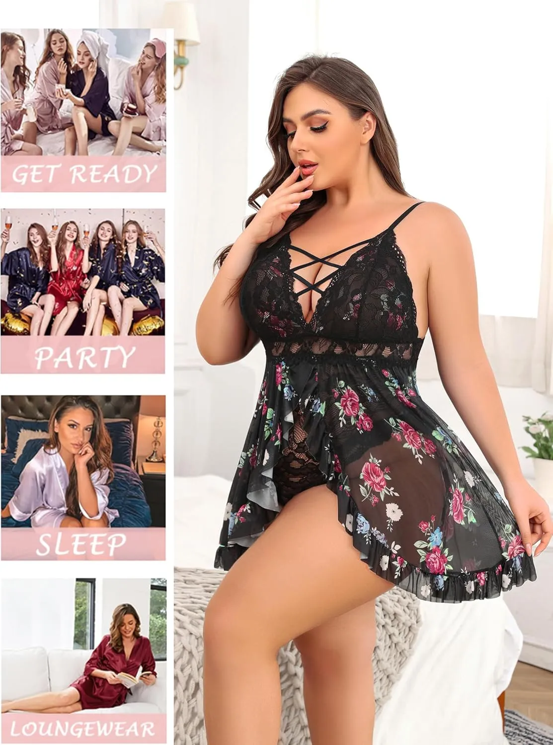 Avidlove Plus Size Lingerie for Women Sexy Snap Crotch Babydoll Lace Chemise Curvy Strappy Ruffle L~4XL