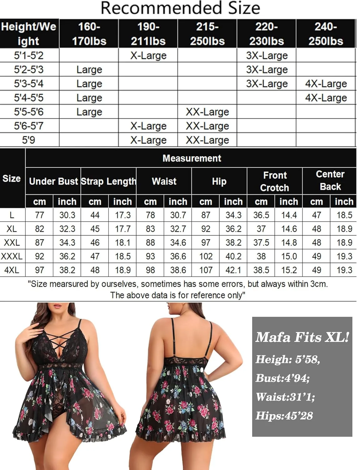 Avidlove Plus Size Lingerie for Women Sexy Snap Crotch Babydoll Lace Chemise Curvy Strappy Ruffle L~4XL