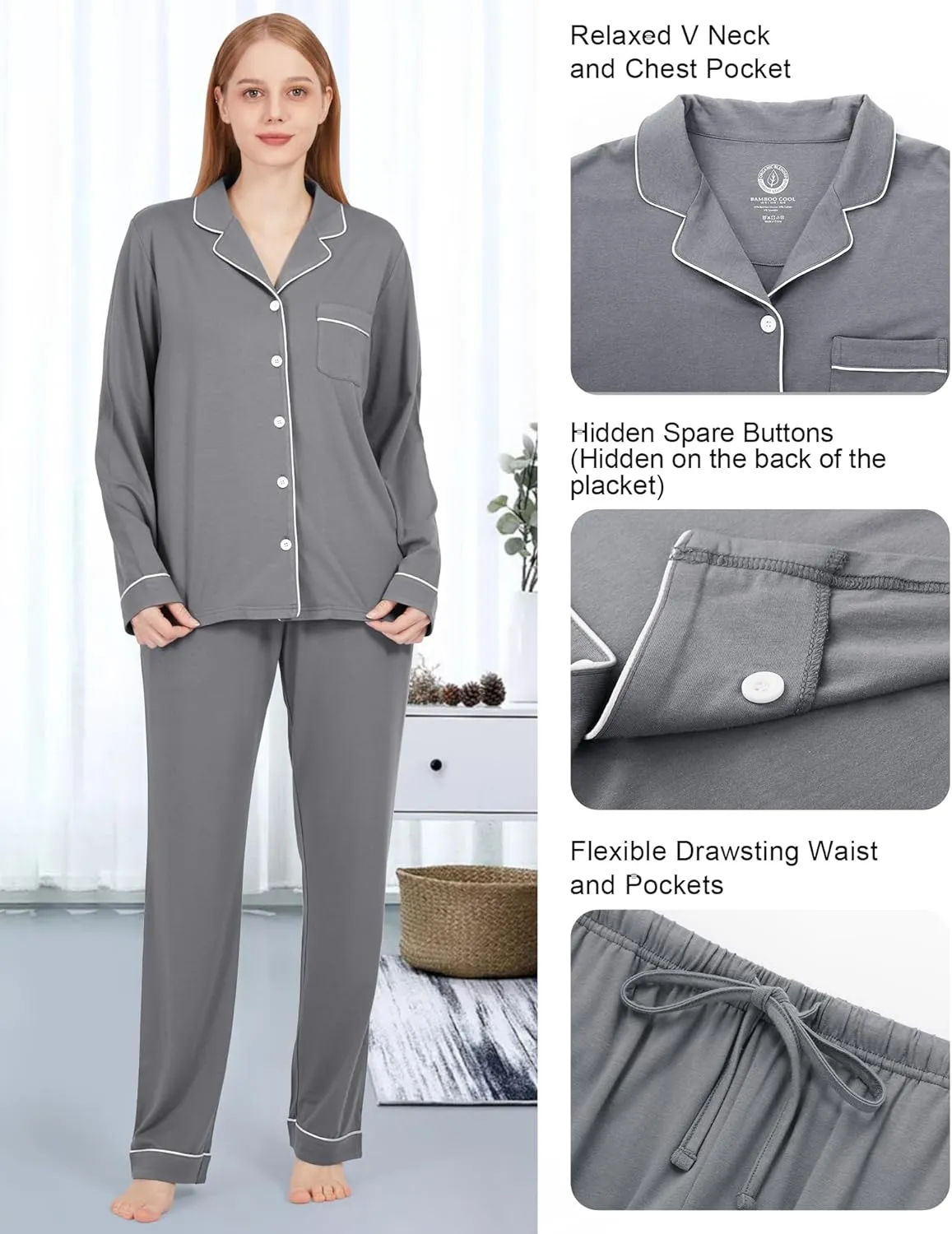 BAMBOO COOL Pajamas Set for Women Comfy Lounge Set Button Down Sleepwear Long Sleeve Pj Set
