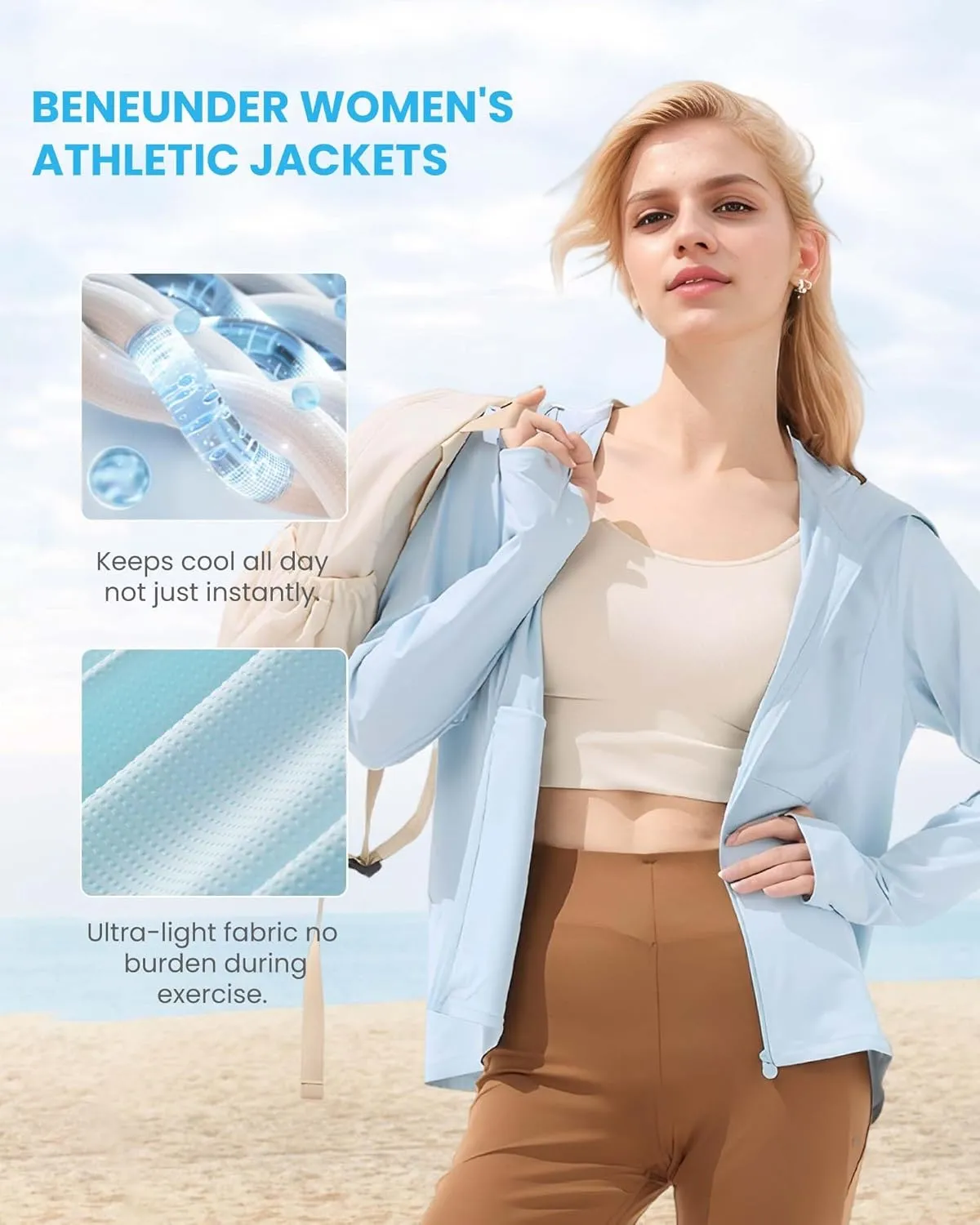 BENEUNDER Cooling Women's UPF 50  Sun Protection Lightweight Hoodie Jacket Long Sleeve Active Sun Shirts for Outdoor Workout