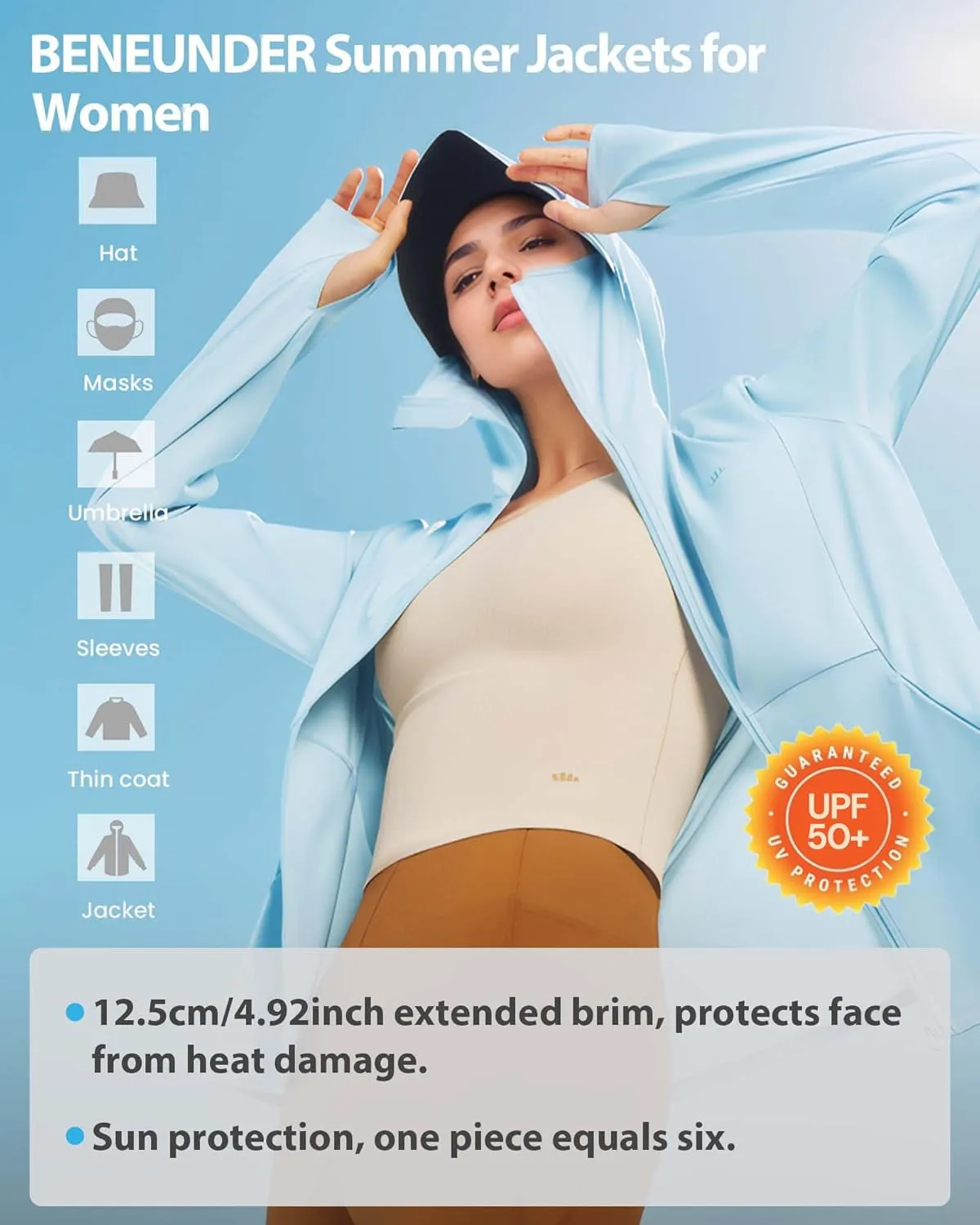 BENEUNDER Cooling Women's UPF 50  Sun Protection Lightweight Hoodie Jacket Long Sleeve Active Sun Shirts for Outdoor Workout