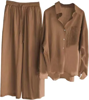 Beralst Women's 2 Piece Set, Linen Button Down Shirt   Wide Leg Pants Tracksuit