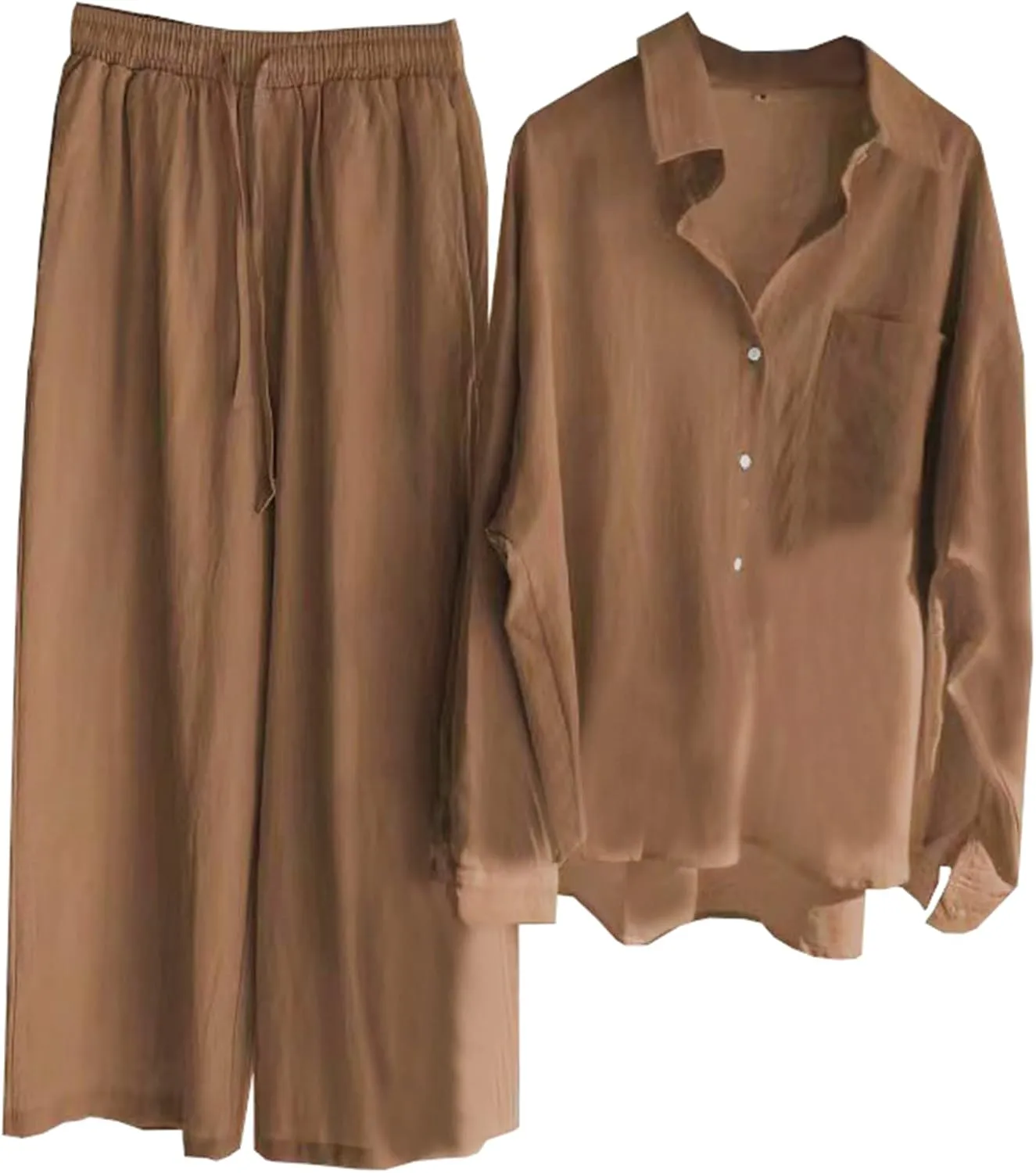 Beralst Women's 2 Piece Set, Linen Button Down Shirt   Wide Leg Pants Tracksuit