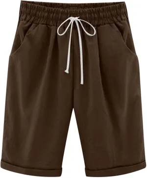 Bermuda Shorts for Women High Waisted Cotton Linen Elastic Drawstring Summer Shorts Casual Loose Fit Dandelion Print