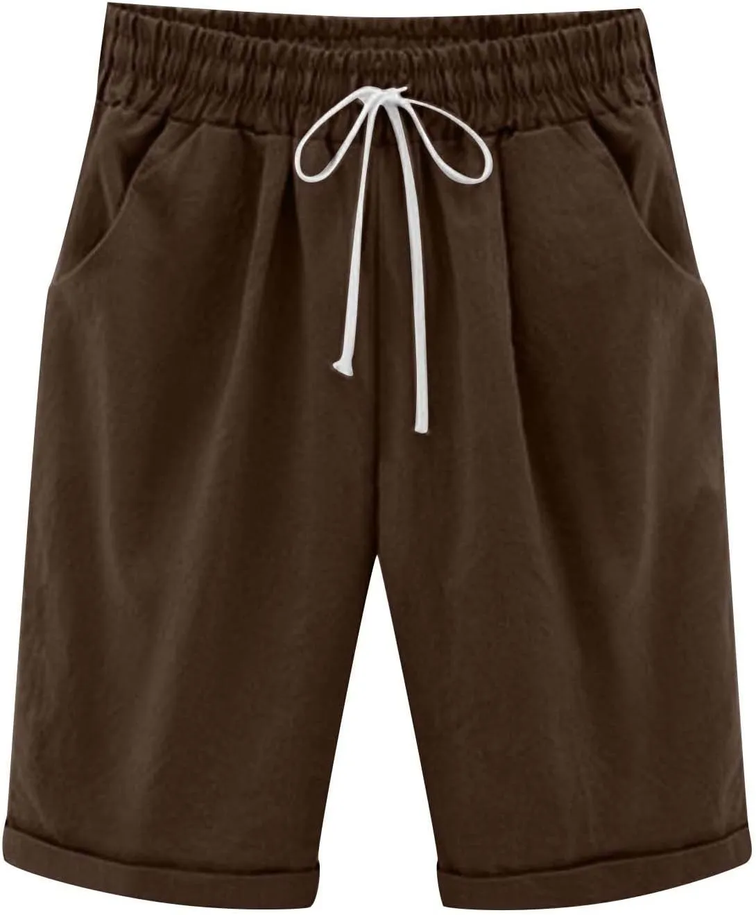 Bermuda Shorts for Women High Waisted Cotton Linen Elastic Drawstring Summer Shorts Casual Loose Fit Dandelion Print