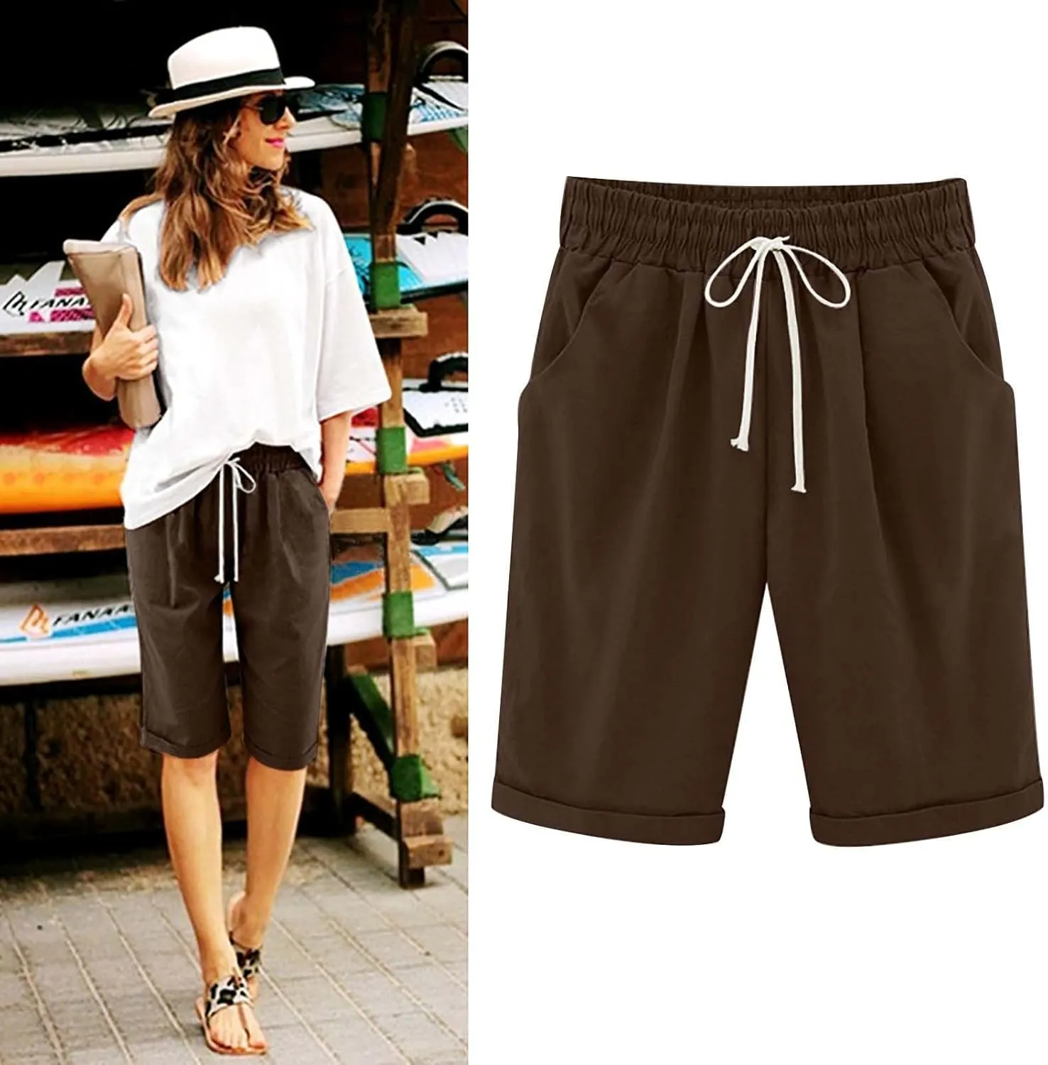 Bermuda Shorts for Women High Waisted Cotton Linen Elastic Drawstring Summer Shorts Casual Loose Fit Dandelion Print