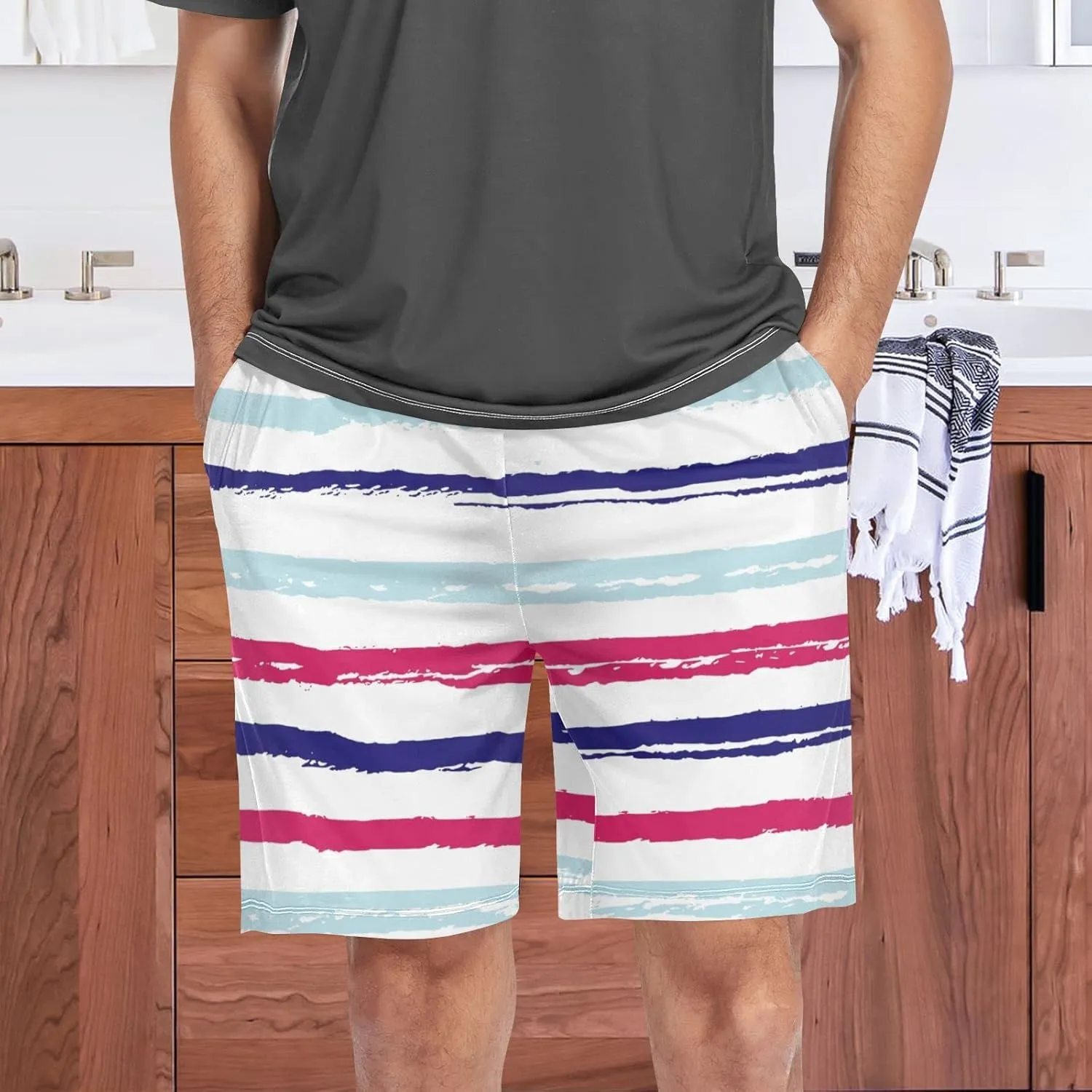 Blue And Red Horizontal Stripe Fashion Striped Pattern Men's Pajama Pants Shorts Sleepwear Lounge Pajama Bottoms