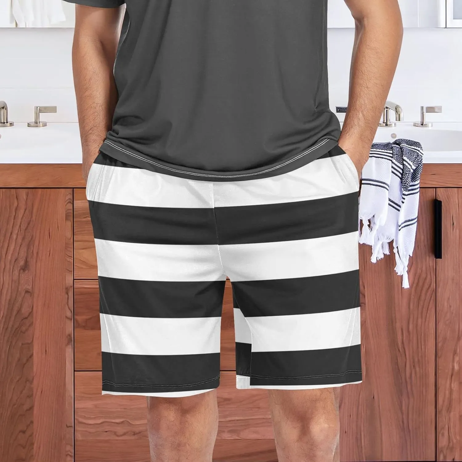 Blue And Red Horizontal Stripe Fashion Striped Pattern Men's Pajama Pants Shorts Sleepwear Lounge Pajama Bottoms
