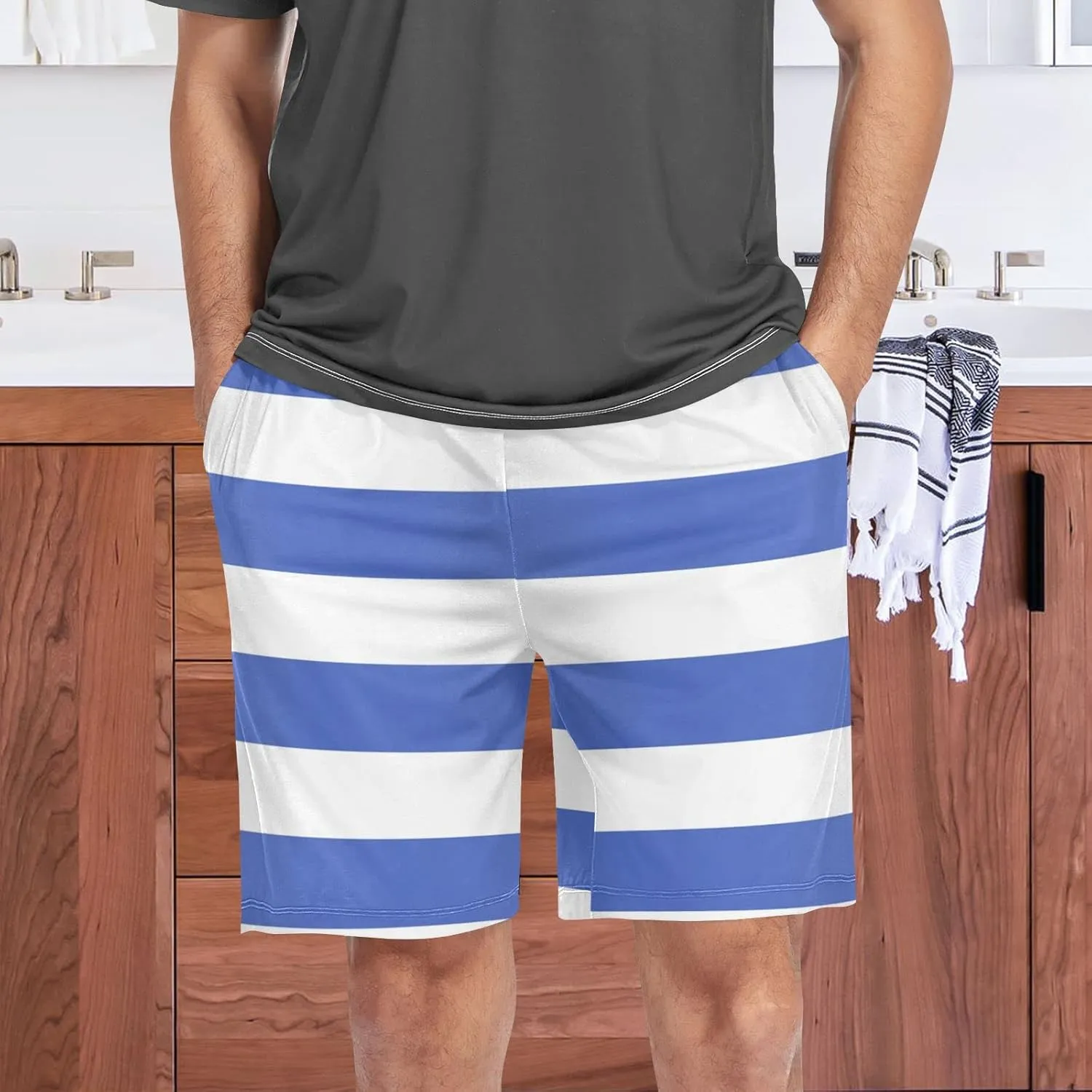 Blue And Red Horizontal Stripe Fashion Striped Pattern Men's Pajama Pants Shorts Sleepwear Lounge Pajama Bottoms