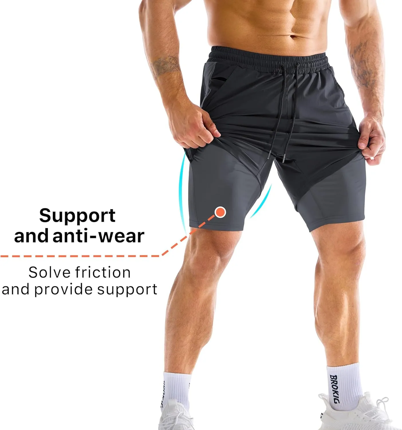 BROKIG Men's Dual-Layer Gym Shorts, Lightweight Quick Dry Running Bodybuilding 7'' Fitted Workout Short Lined-Zip Pocket