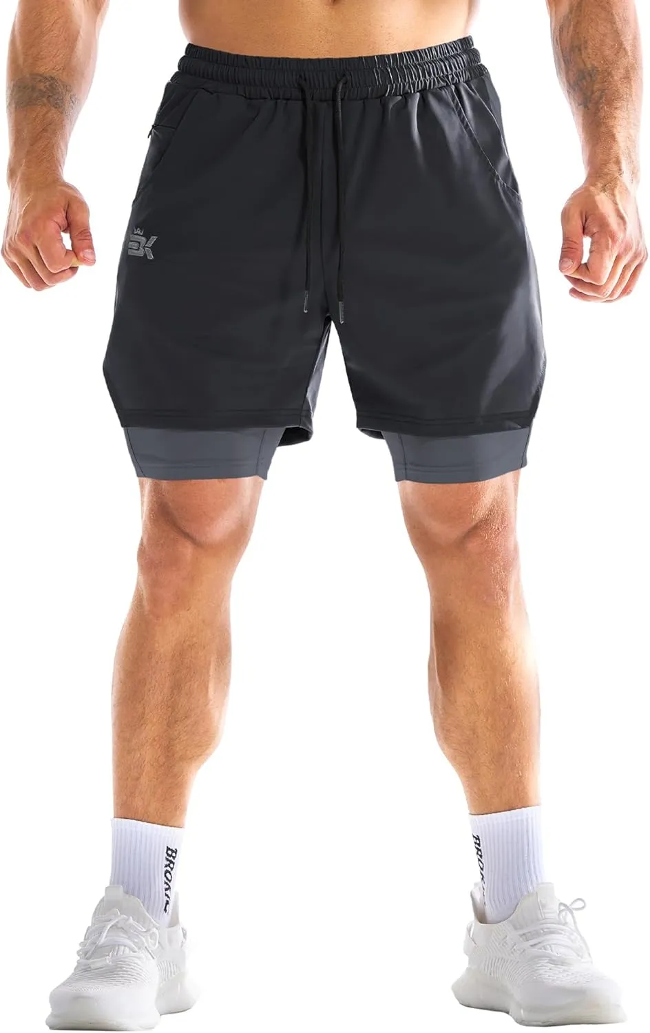 BROKIG Men's Dual-Layer Gym Shorts, Lightweight Quick Dry Running Bodybuilding 7'' Fitted Workout Short Lined-Zip Pocket