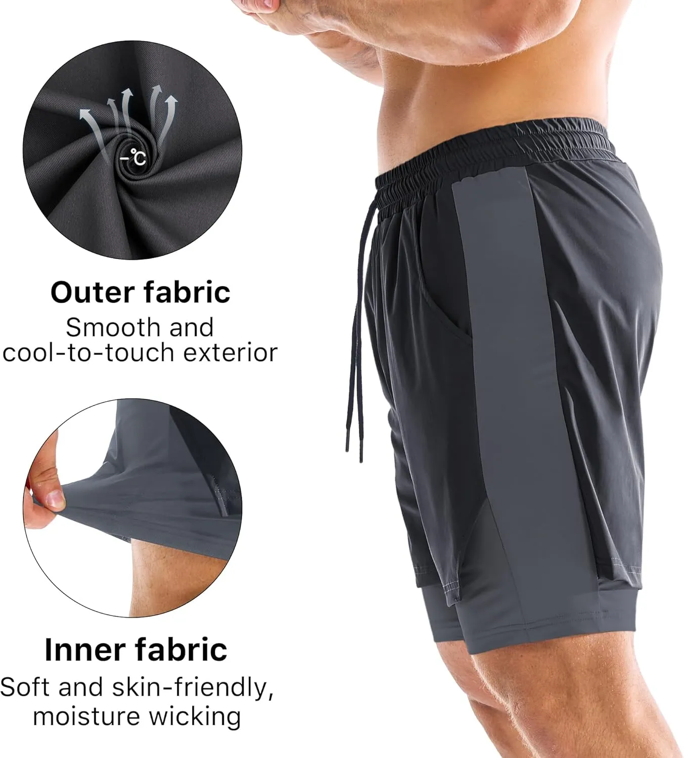 BROKIG Men's Dual-Layer Gym Shorts, Lightweight Quick Dry Running Bodybuilding 7'' Fitted Workout Short Lined-Zip Pocket