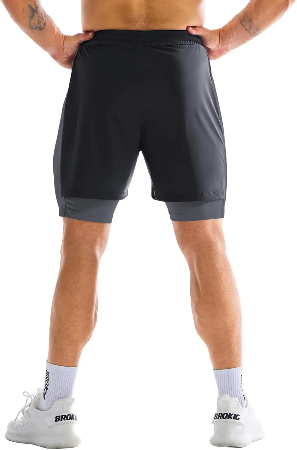 BROKIG Men's Dual-Layer Gym Shorts, Lightweight Quick Dry Running Bodybuilding 7'' Fitted Workout Short Lined-Zip Pocket