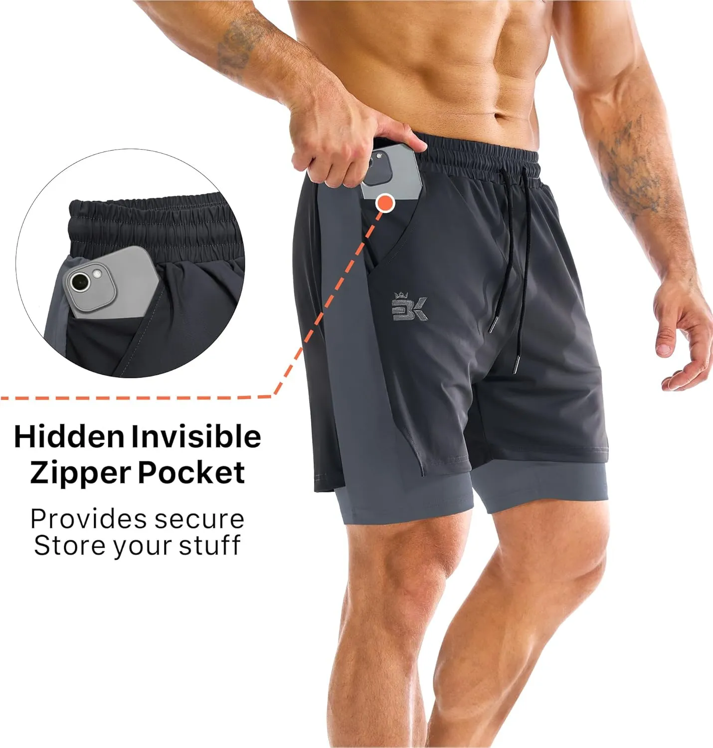 BROKIG Men's Dual-Layer Gym Shorts, Lightweight Quick Dry Running Bodybuilding 7'' Fitted Workout Short Lined-Zip Pocket
