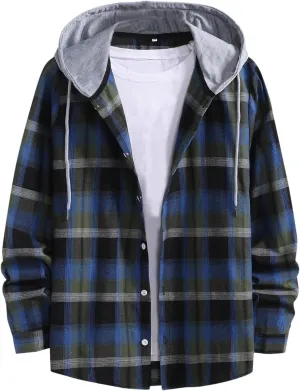 Burband Mens Flannel Hoodies Shirts Long Sleeve Button Down Plaid Jackets Casual Lightweight Checkered Sweatshirt with Hood