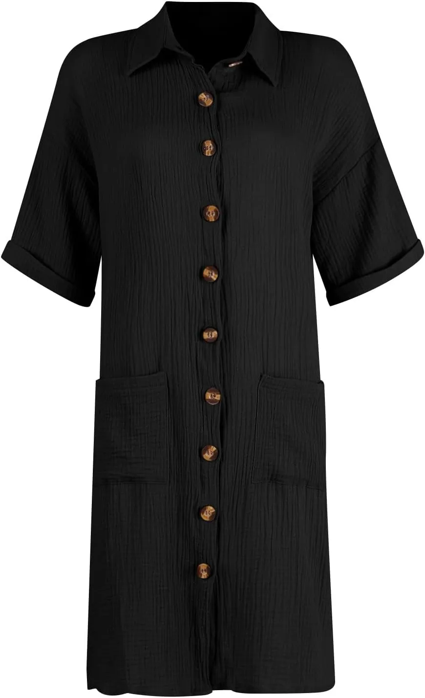 Button Down Gauze Dress for Women Casual Collar V-Neck Midi Linen Dress Loose Fit Short Sleeve Shirt Dress Vacation