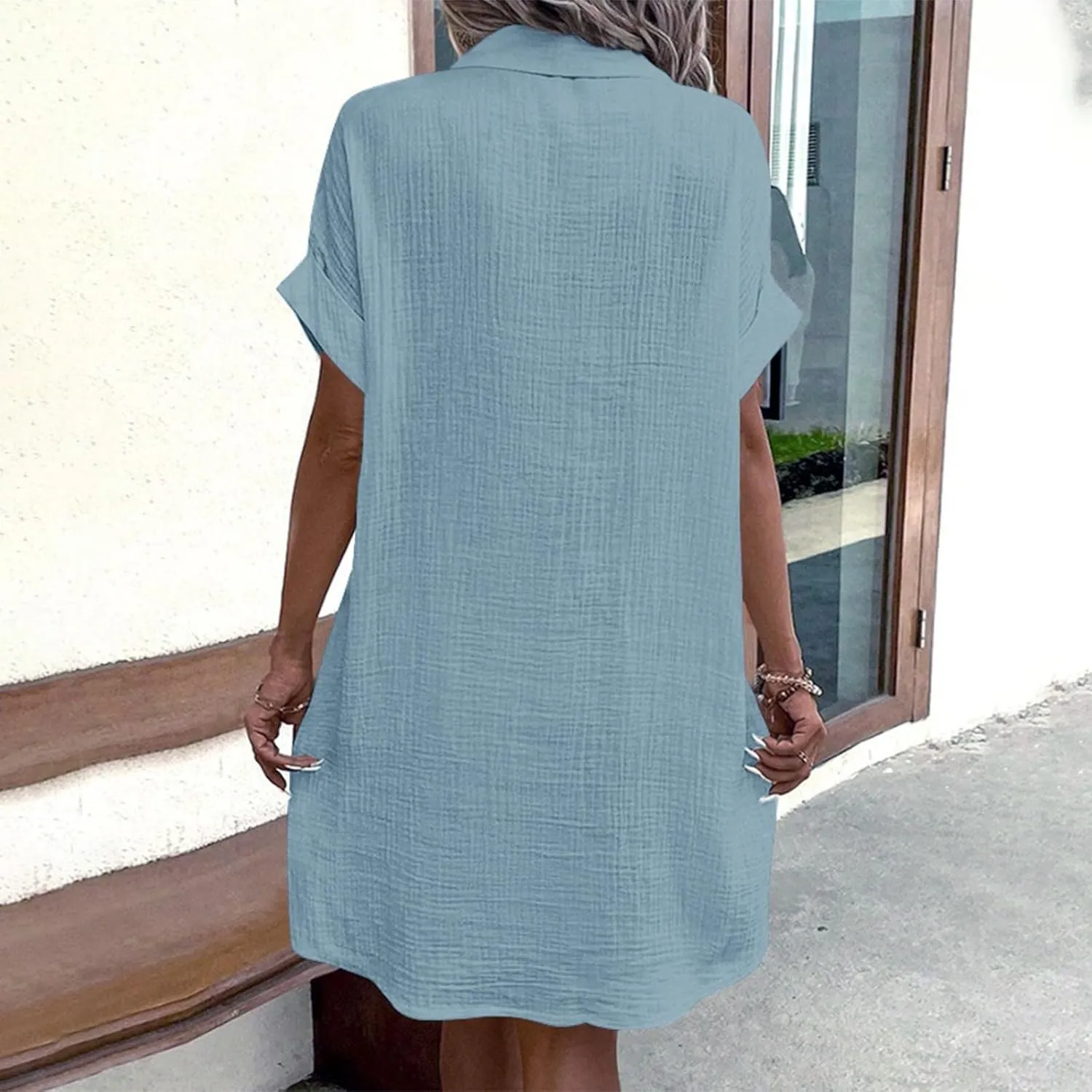 Button Down Gauze Dress for Women Casual Collar V-Neck Midi Linen Dress Loose Fit Short Sleeve Shirt Dress Vacation