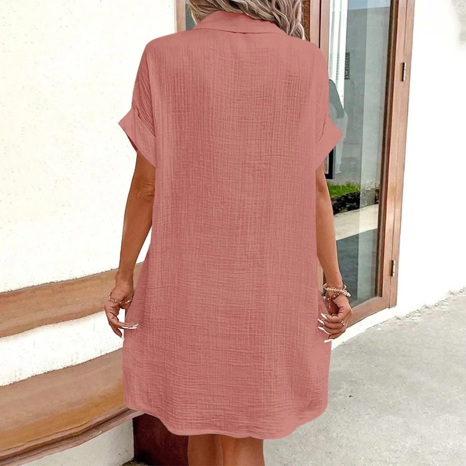 Button Down Gauze Dress for Women Casual Collar V-Neck Midi Linen Dress Loose Fit Short Sleeve Shirt Dress Vacation